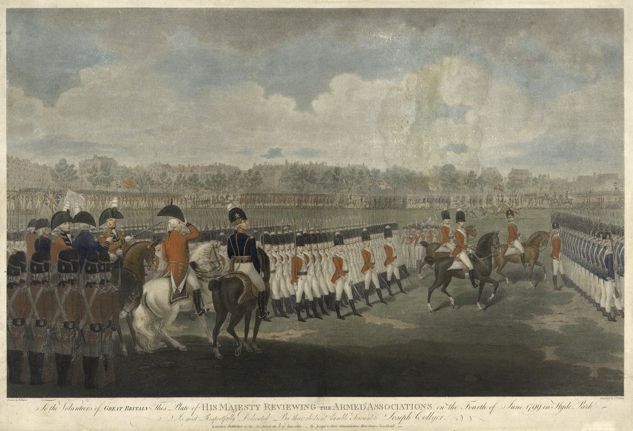 Der König überprüft die bewaffnete Vereinigung im Hyde Park am 4. Juni 1799, graviert von J. Collyer, 1801 von Edward Dayes