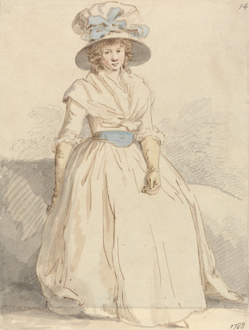 Eine junge Dame sitzt in einem weißen Kleid von Edward Edwards