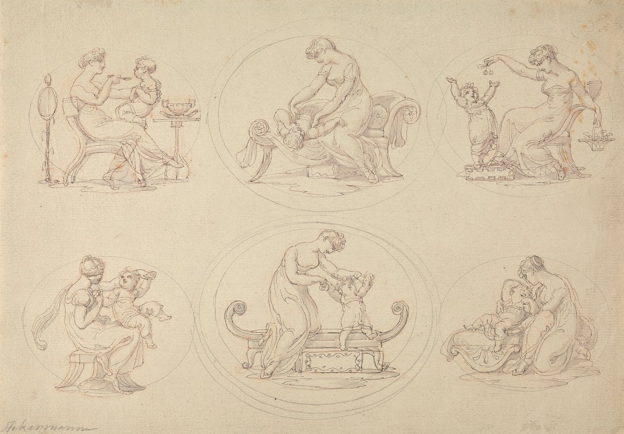 Sechs Studien von Mutter und Tochter beim Spielen von Edward Francis Burney