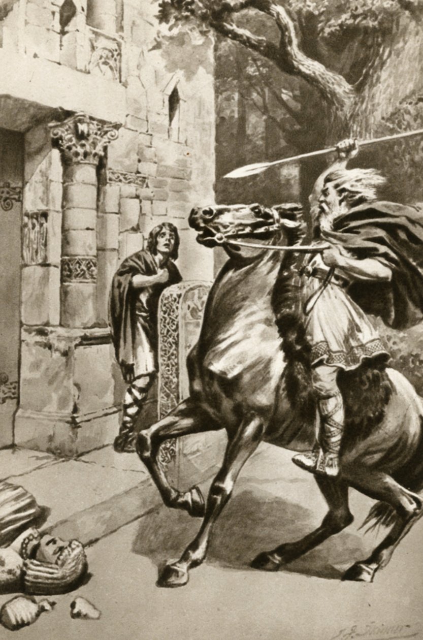 Hohepriester Coifi reitet die Goodmanham Lane hinauf, um die Idole zu zerstören, Illustration aus 