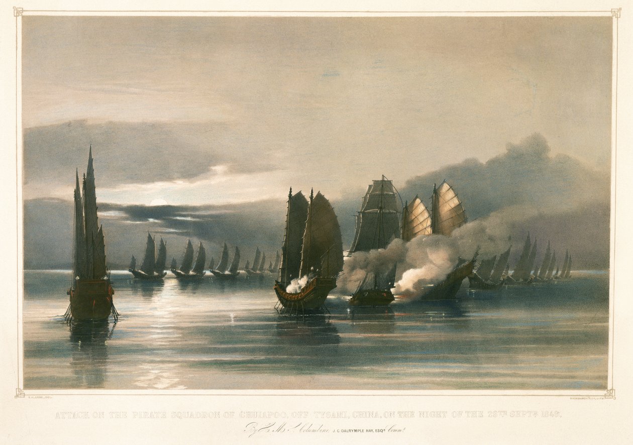 Angriff auf das Piratengeschwader von Chuiapoo, vor Tysami, China, 28. September 1849, Mitte des 19. Jahrhunderts (Lithographie) von Edward Hodges Cree