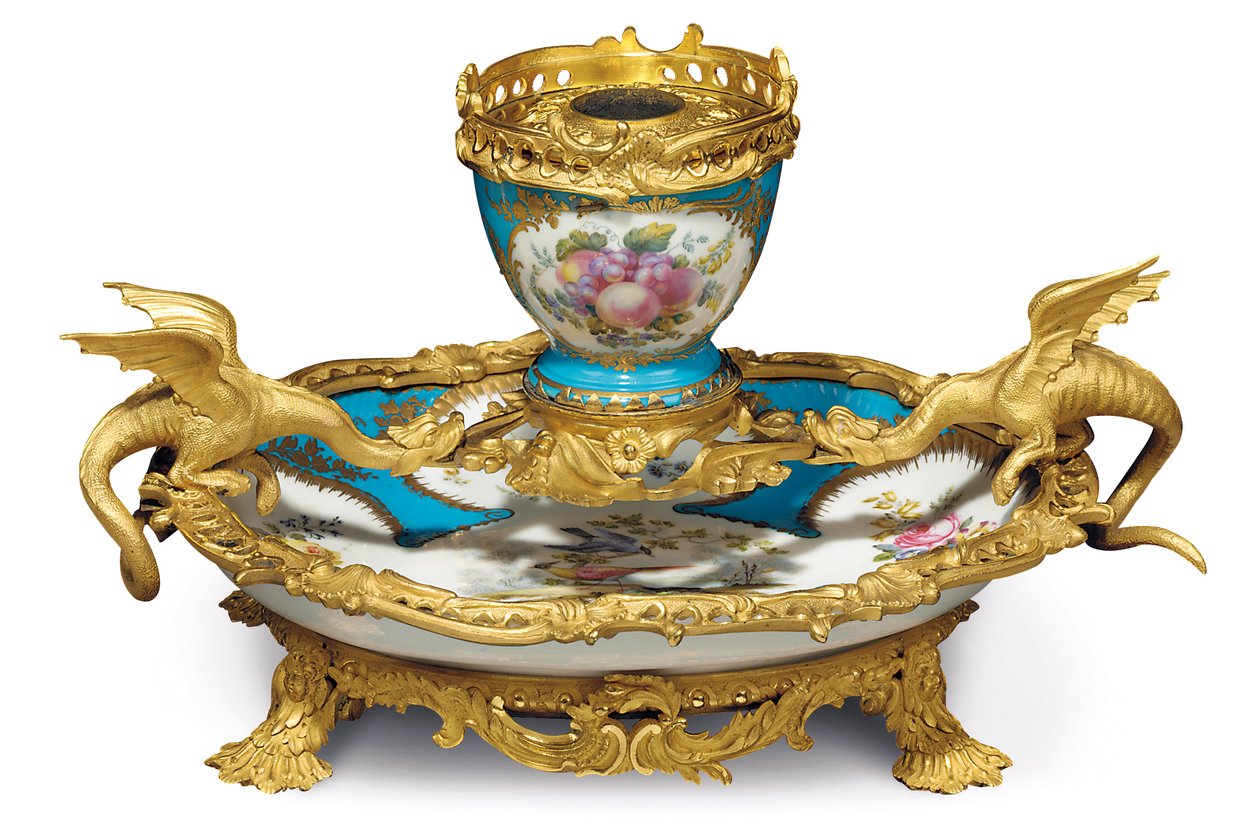 Ein William IV Sevres-Stil türkisfarbener Tintenfass, Porzellan wahrscheinlich 18. Jahrhundert, vergoldet ca. 1835-40 von Edward Holmes Baldock