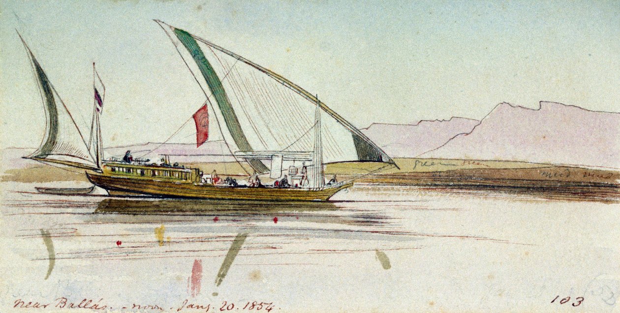 Studie eines Gyassi (ägyptisches Boot), auf dem Nil bei Ballas (Ägypten). Farbige Aquarellzeichnung von Edward Lear