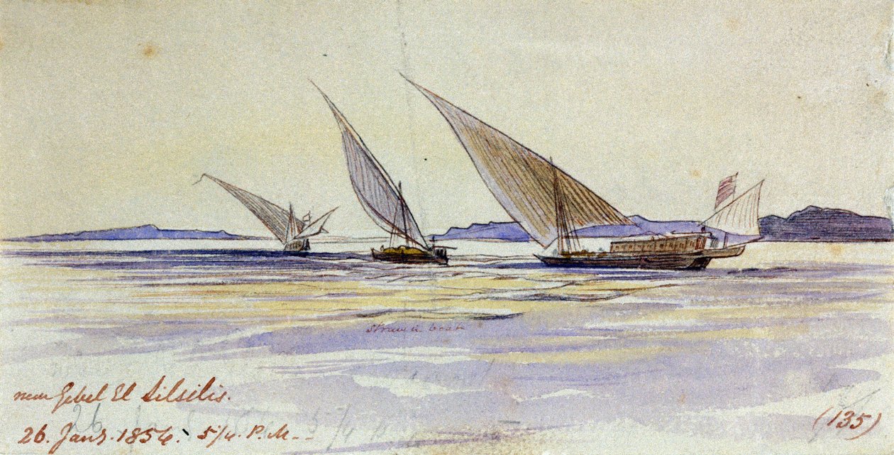 Drei traditionelle ägyptische Transportschiffe, segelnd auf dem Nil, in der Nähe von Gebel el-Silsila oder Gebel Silsileh (Ägypten) von Edward Lear
