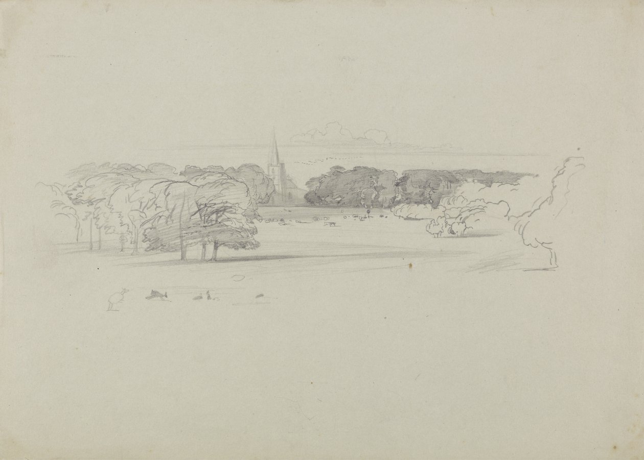 Blick über eine Wiese zu einer Kirche von Edward Lear