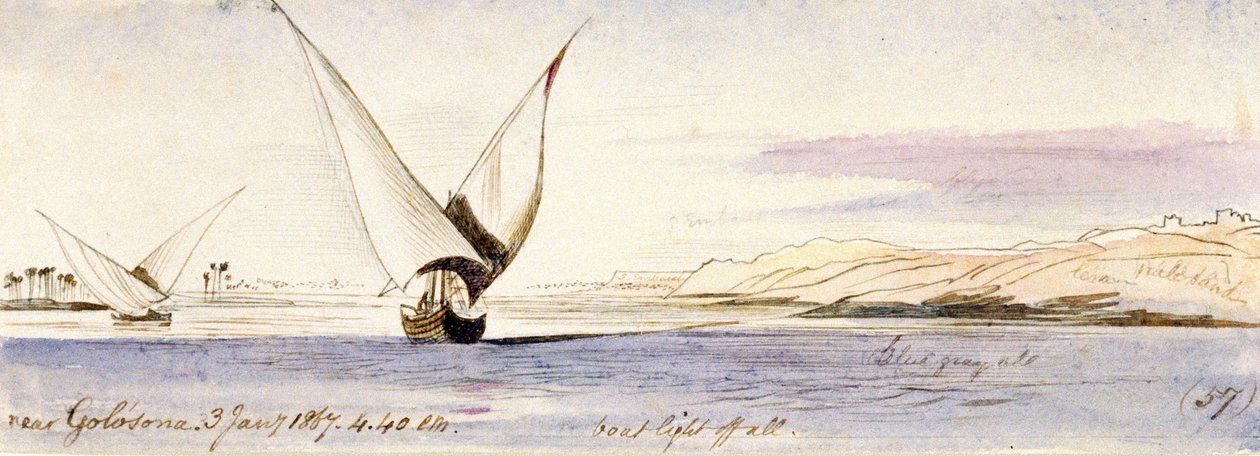 Blick auf den Nil in der Nähe von Golosona (Ägypten), mit einem traditionellen ägyptischen Segelboot von Edward Lear