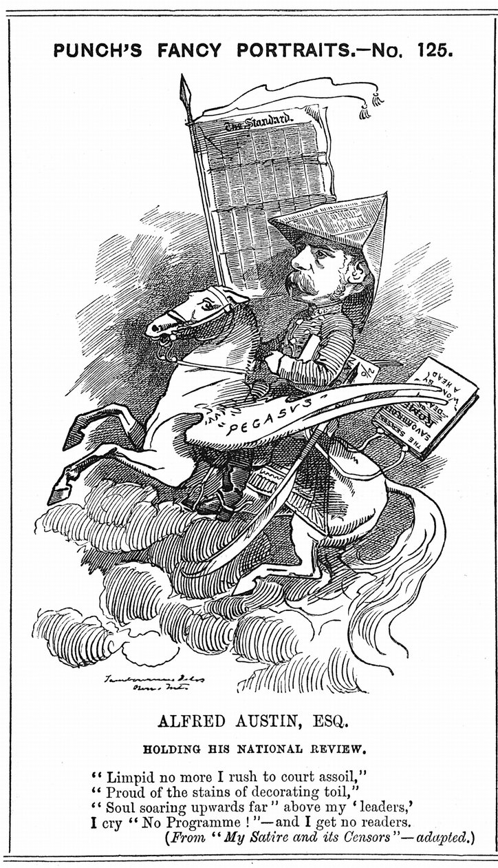 Alfred Austin (1835-1913) britischer Dichterpreisträger ab 1896. Karikatur von Edward Linley Sambourne (1844-1910) in der Serie Fancy Portraits in Punch, London, 3. März 1883, als Austin Herausgeber der National Review wurde. Gravur. von Edward Linley Sambourne