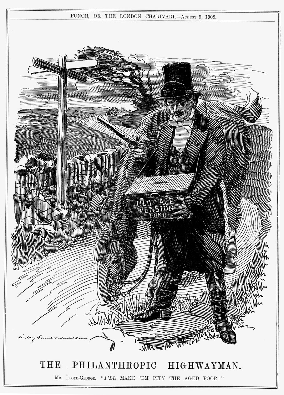David Lloyd George (1863-1945), walisisch-britischer liberaler Staatsmann. 1908 führte Lloyd George als Schatzkanzler das Altersrenten-Gesetz ein. Karikatur von Edward Linley Sambourne aus Punch, London, August 1908. von Edward Linley Sambourne