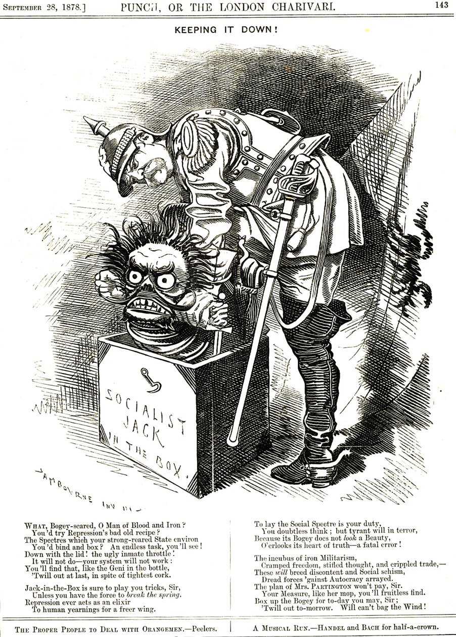 Unterdrückung. Otto von Bismarck (1815-1898), deutscher Kanzler, versucht, den Geist des Sozialismus zurück in seine Kiste zu zwingen. Die Bildunterschrift sagt ihm, dass jeder Akt der Unterdrückung wie ein Elixier für den menschlichen Wunsch nach mehr Fre von Edward Linley Sambourne