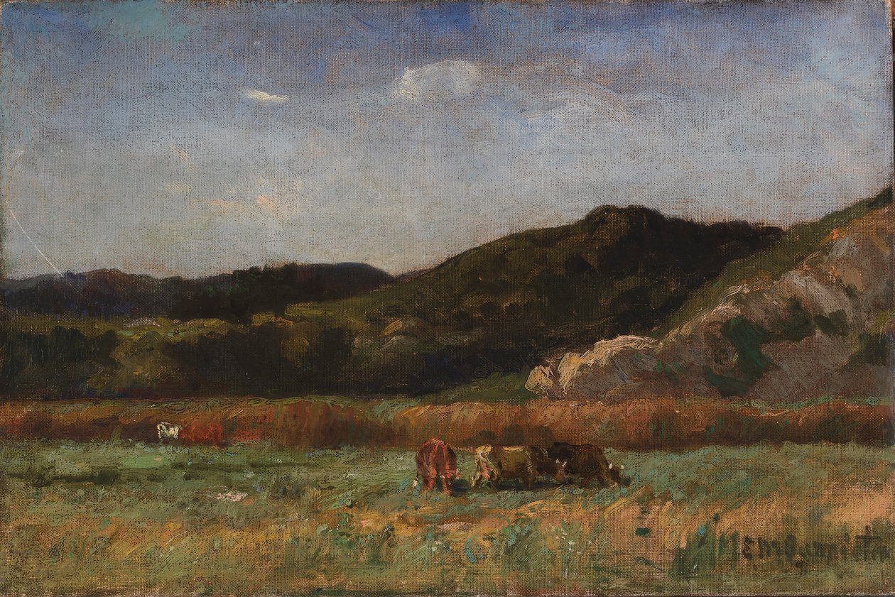 Ohne Titel (Landschaft mit grasenden Kühen, Hügel) von Edward Mitchell Bannister