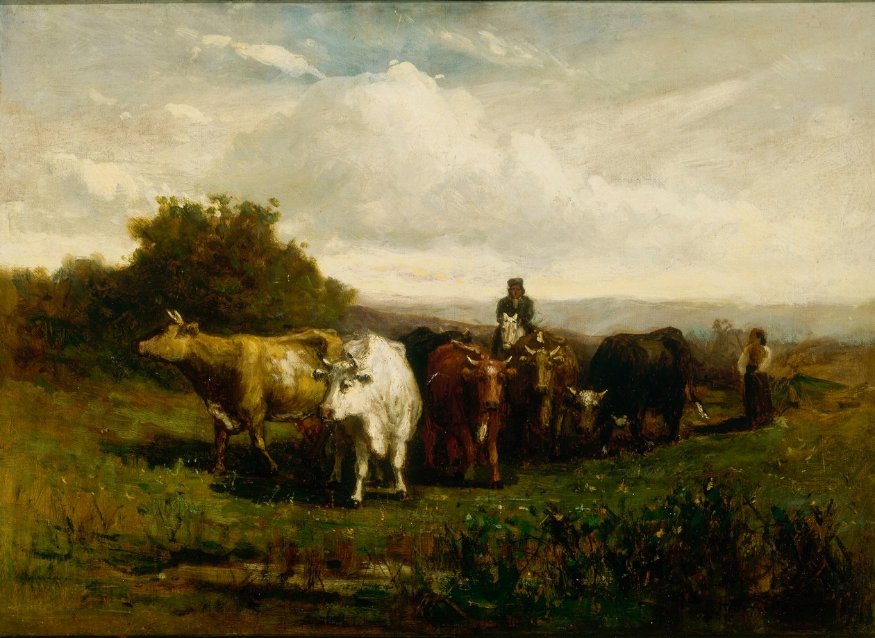 Ohne Titel (Mann zu Pferd, Frau zu Fuß treibt Vieh) von Edward Mitchell Bannister