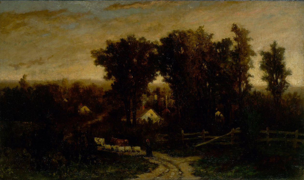 Ohne Titel (Frau mit Rindern und Schafen in der Dämmerung) von Edward Mitchell Bannister