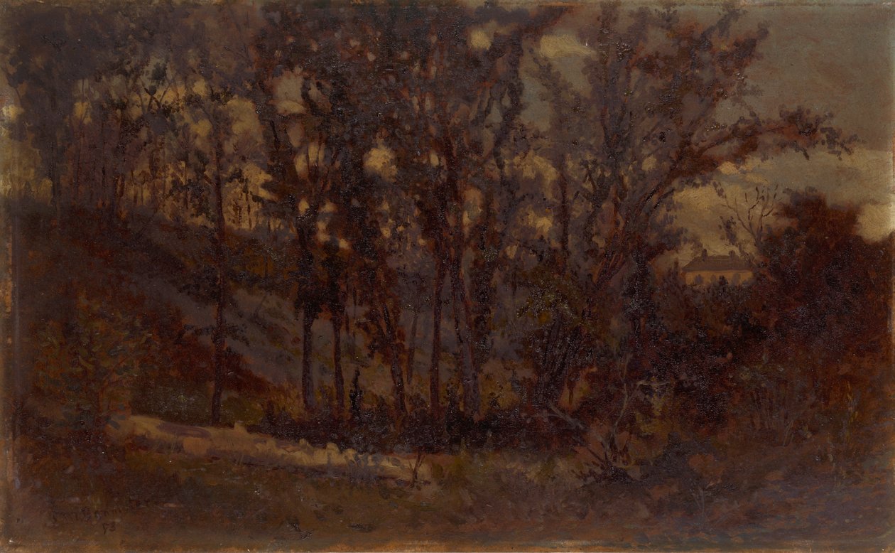 Unbetitelte Waldszene, gefallener Baum im Vordergrund und Haus im Hintergrund von Edward Mitchell Bannister