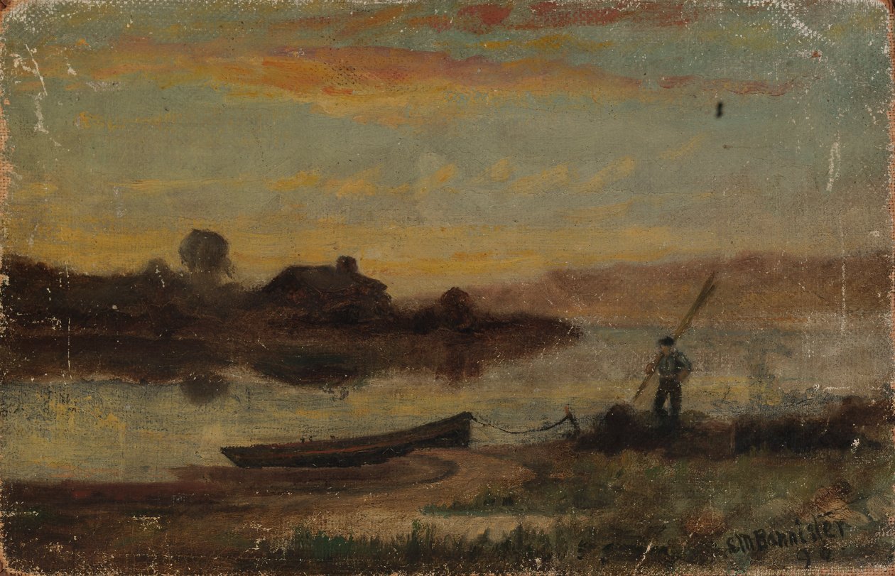 Unbetitelte Landschaft, Boot am Ufer mit gehendem Mann von Edward Mitchell Bannister