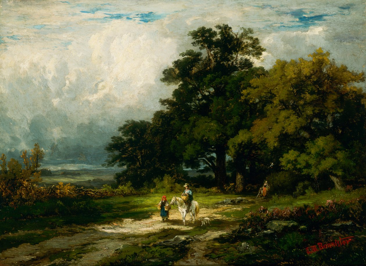 Ohne Titel: Mann auf Pferd mit Frau und Hund von Edward Mitchell Bannister