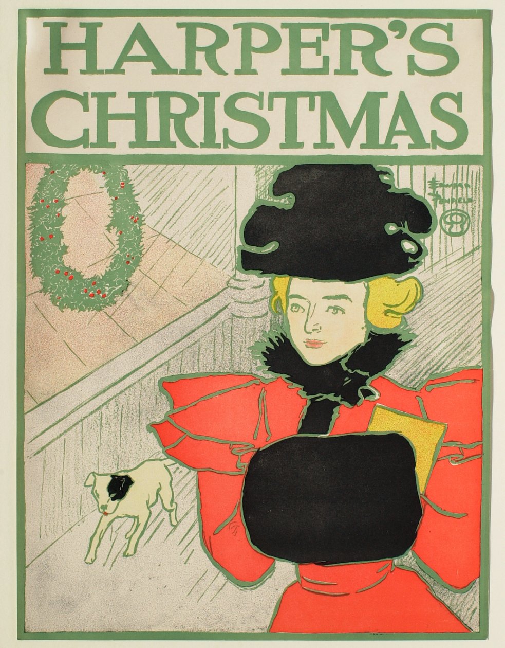 Frau mit Muff, die mit einem kleinen Hund spaziert, Weihnachtsausgabe Harper