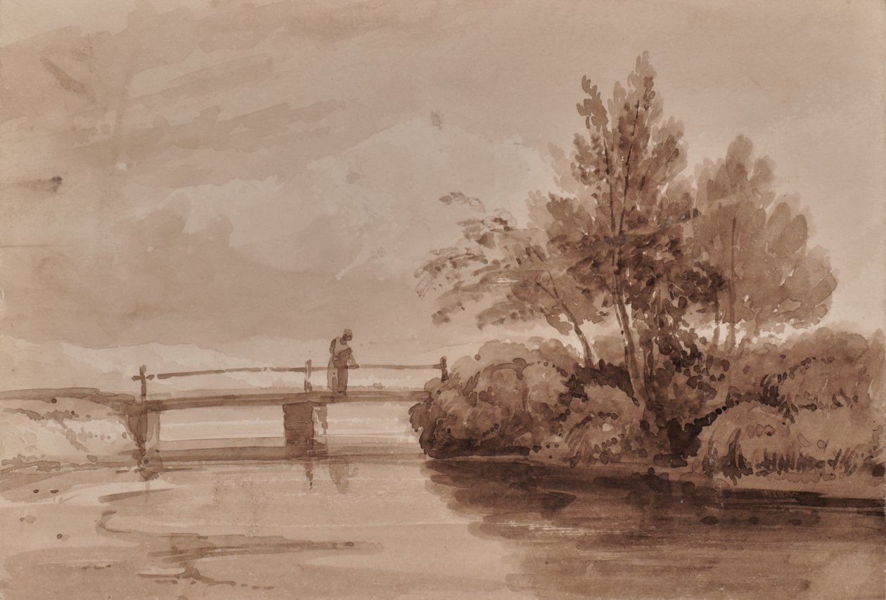 Flusslandschaft mit Holzbrücke und Figur von Edward Pretty