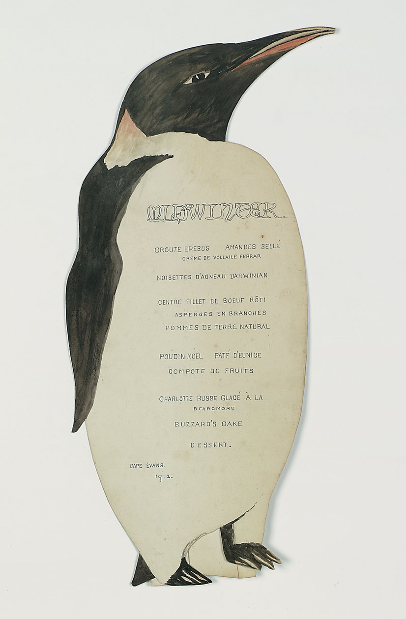 Menü in Form eines Kaiserpinguins, für das Mittwinter-Dinner, Cape Evans, 22. Juni 1912 von Edward W. Nelson