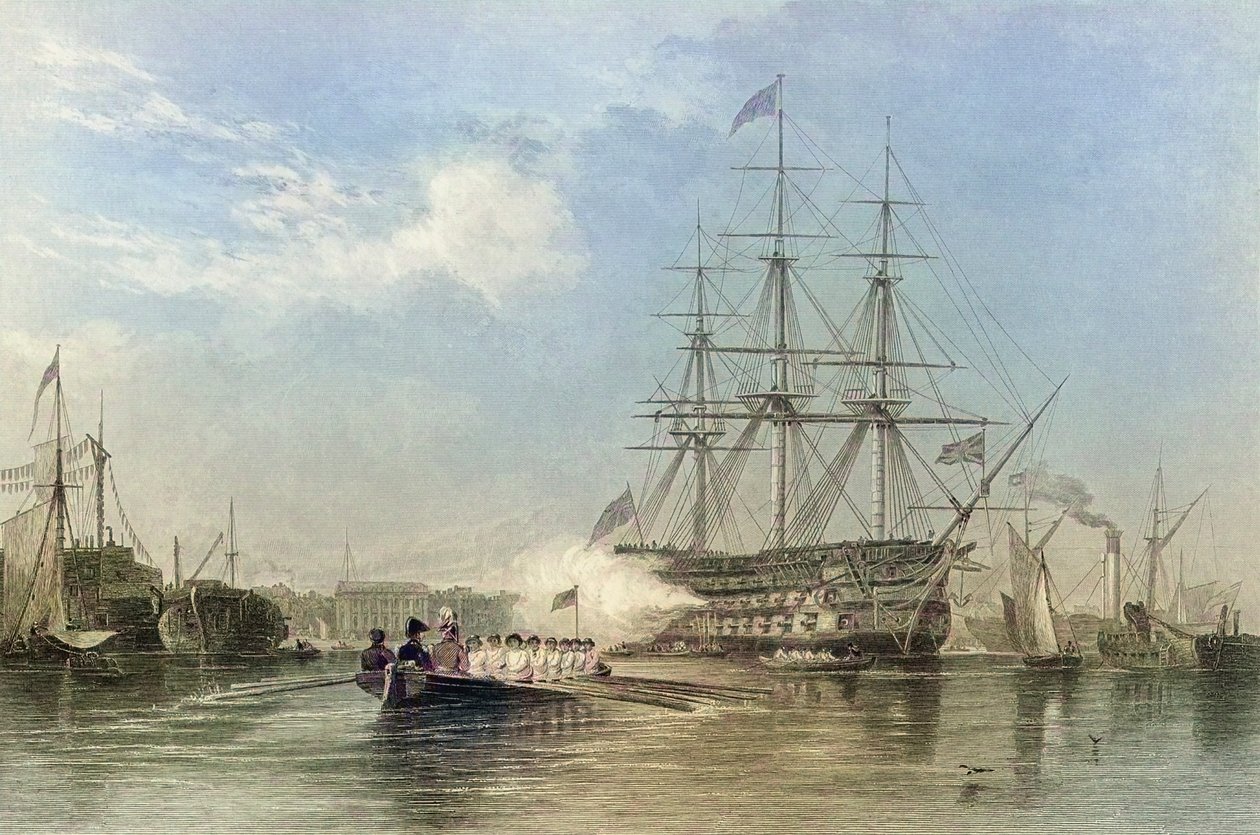 Flaggschiff der britischen Marine salutiert im Hafen von Gosford, England. 19. Jahrhundert (Gravur) von Edward William (after) Cooke