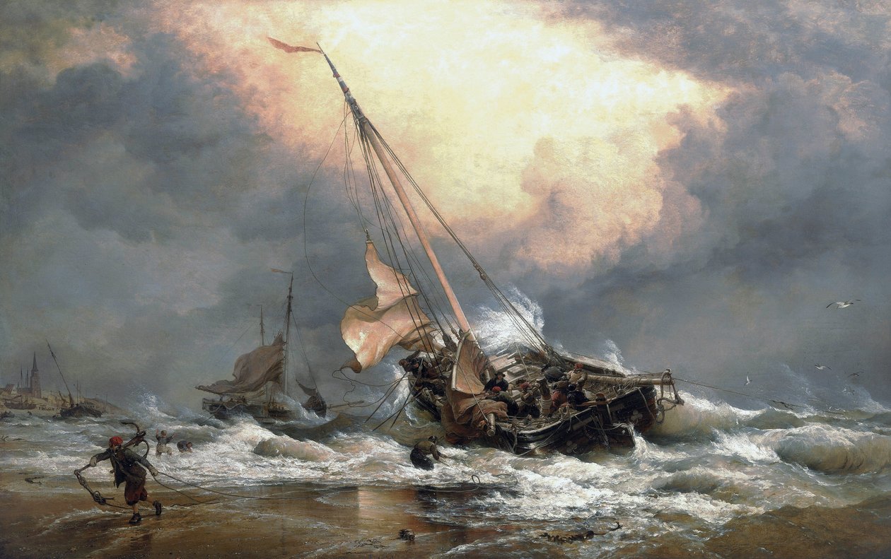 Fischer, die ihre Boote an der Küste der Nordsee, in der Nähe von Scheveningen (Holland), an Land ziehen. Öl auf Leinwand von Edward William Cooke