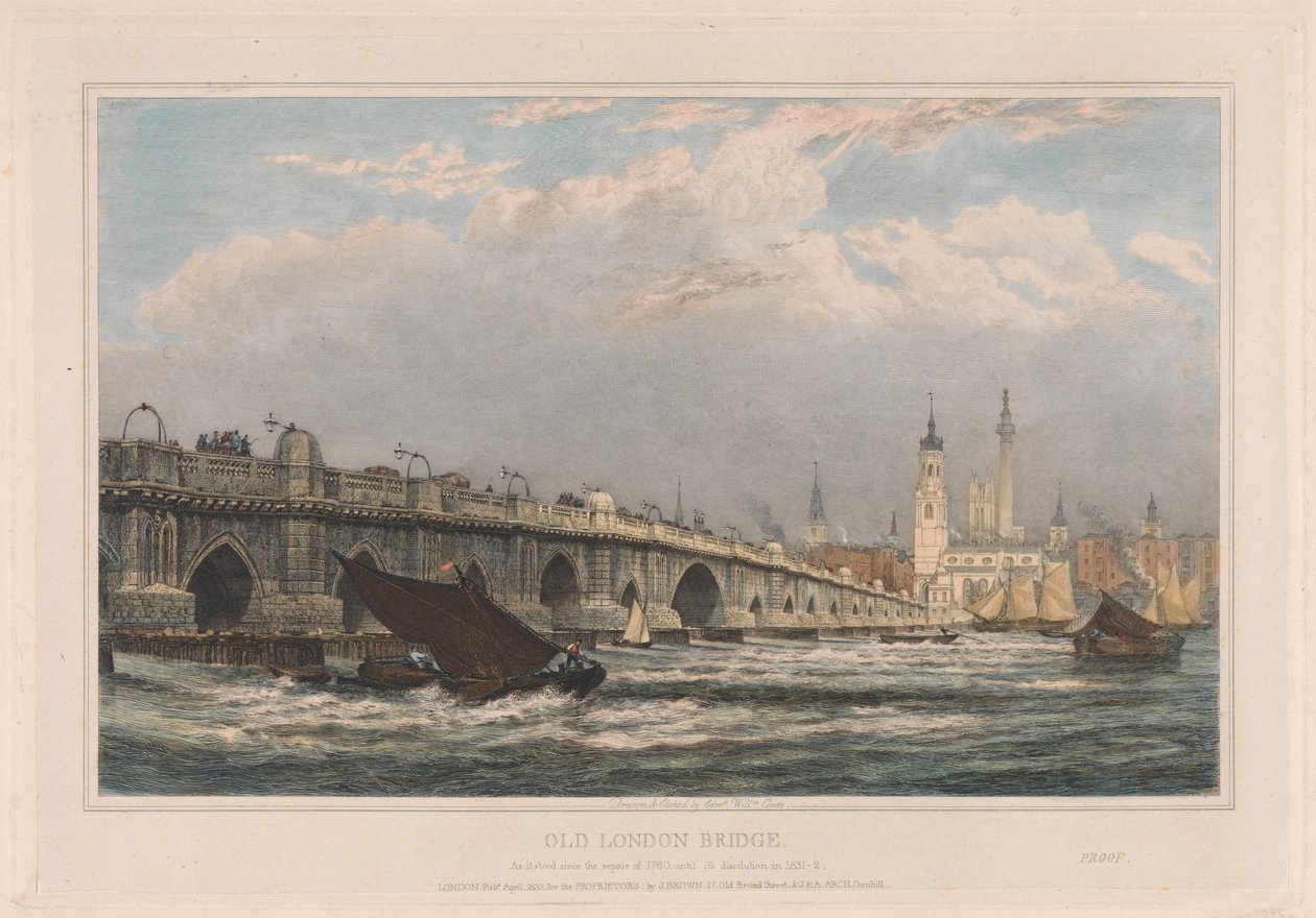 Alte London Bridge nach der Reparatur von 1700 bis 1831/1832 von Edward William Cooke