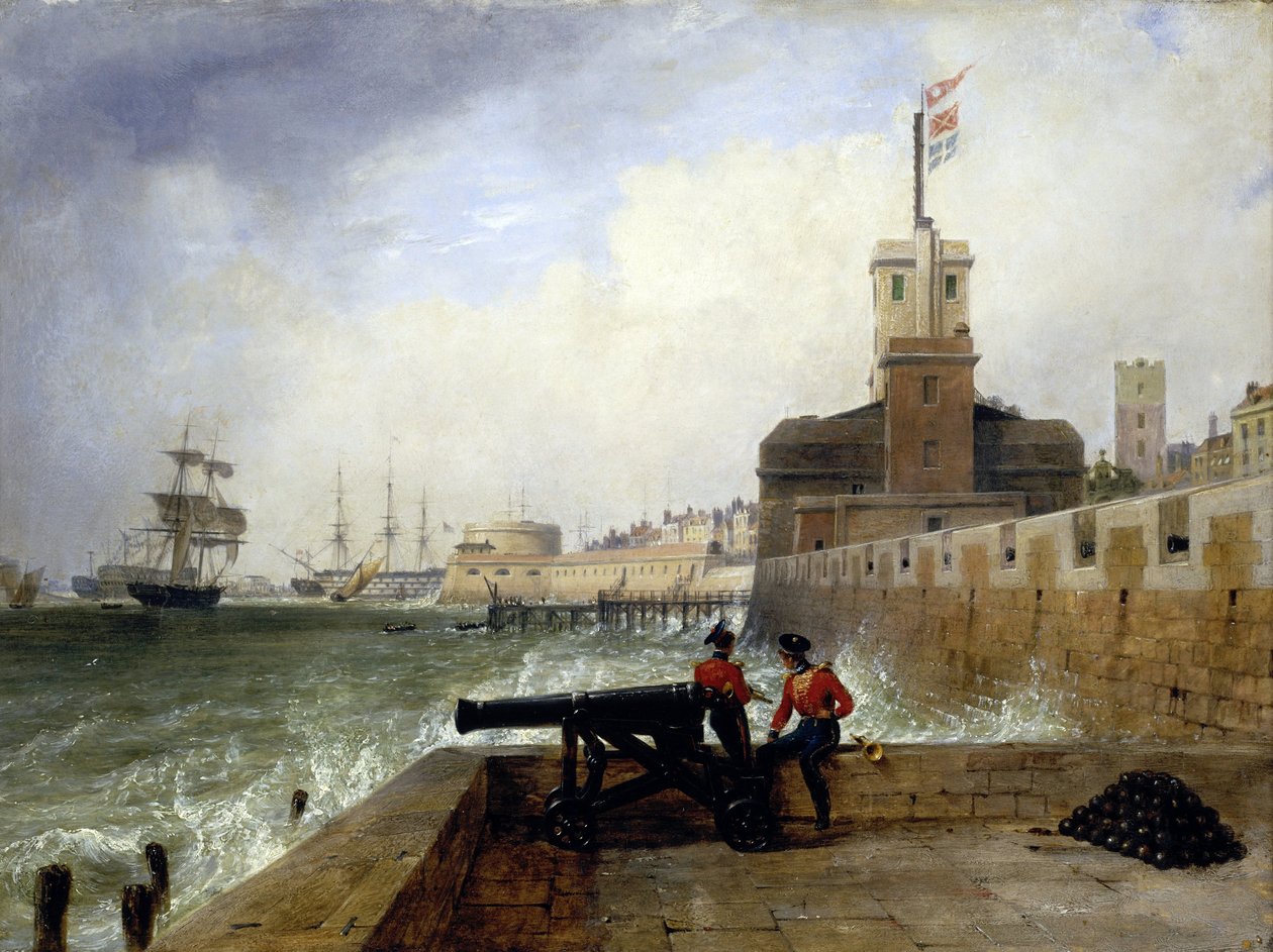 Der Semaphorturm am Eingang zum Hafen von Portsmouth (England), auf der Salvation Platform, mit zwei Soldaten, die auf der Mauer neben einer Kanone sitzen, im Hintergrund, Beschreibung der Stadt und des Piers mit dem runden Turm von Edward William Cooke