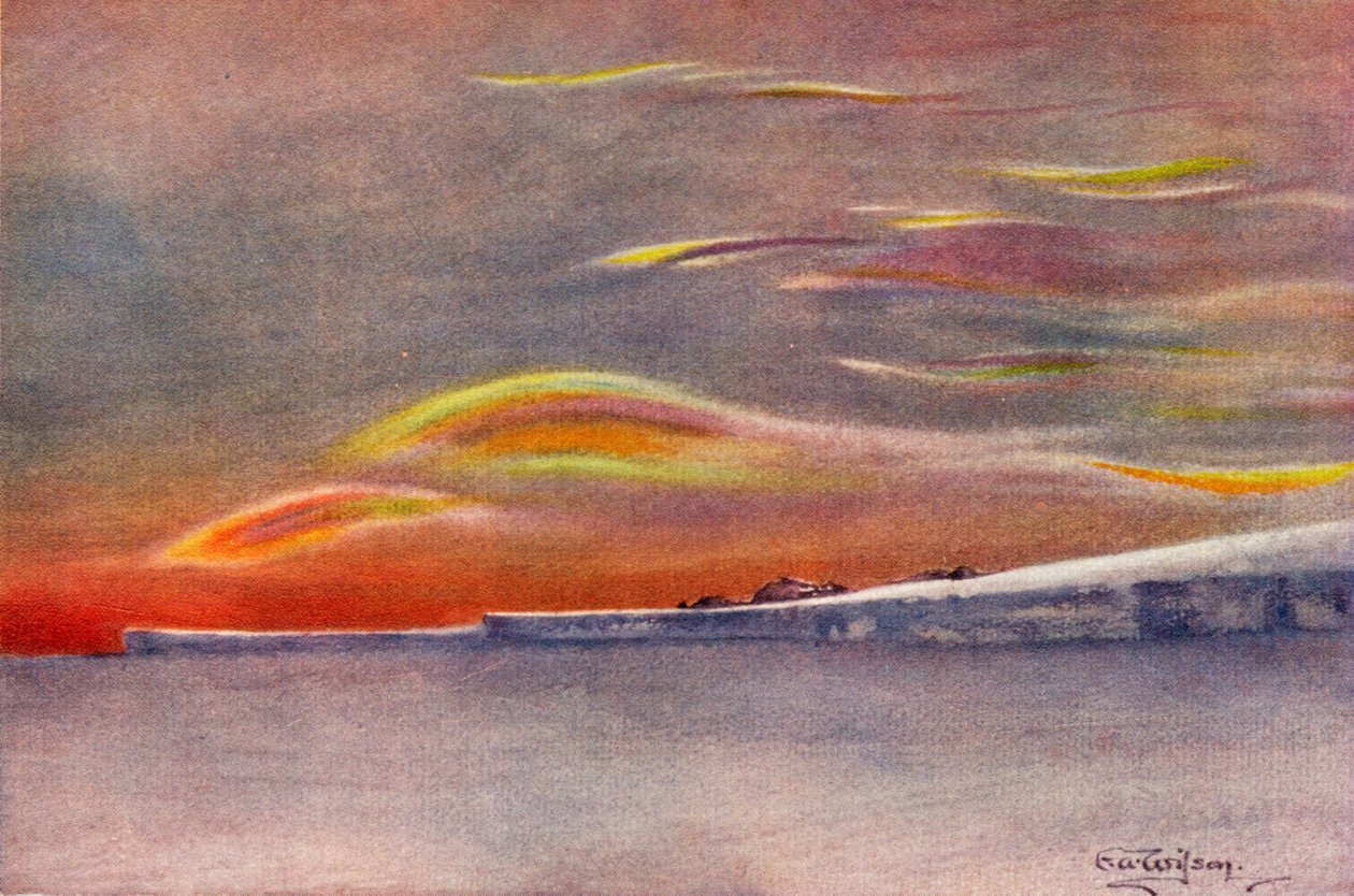 Irisierende Wolken: Blick nach Norden vom Kap Evans, 1911-1913 von Charles Edward Wilson
