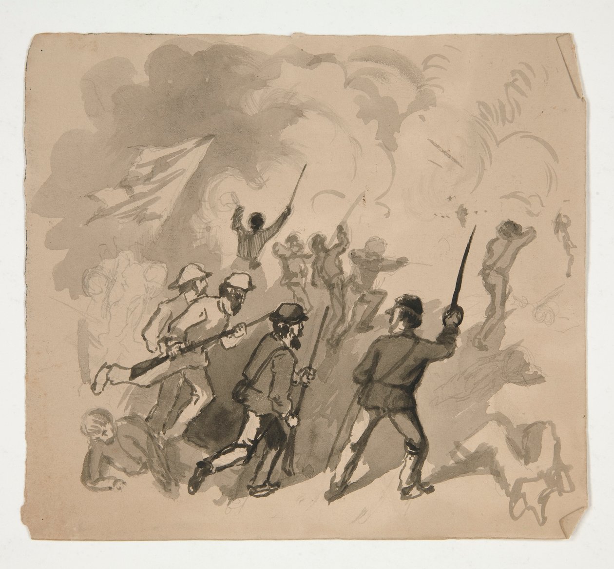 Bürgerkriegsschlachtenszene (recto); Unidentifizierte Illustration eines Mannes in einem Wald (verso) von Edwin Austin Abbey