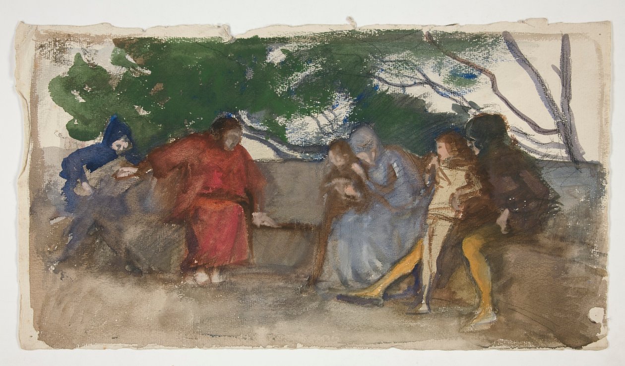 Figuren, die auf einer Außenbank sitzen von Edwin Austin Abbey