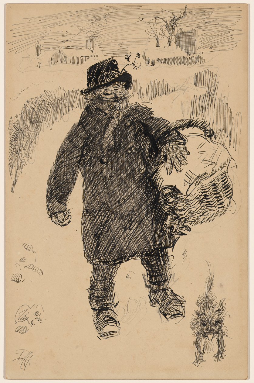 Mann im Schnee mit bedecktem Korb, begleitet von einem kleinen Terrier von Edwin Austin Abbey