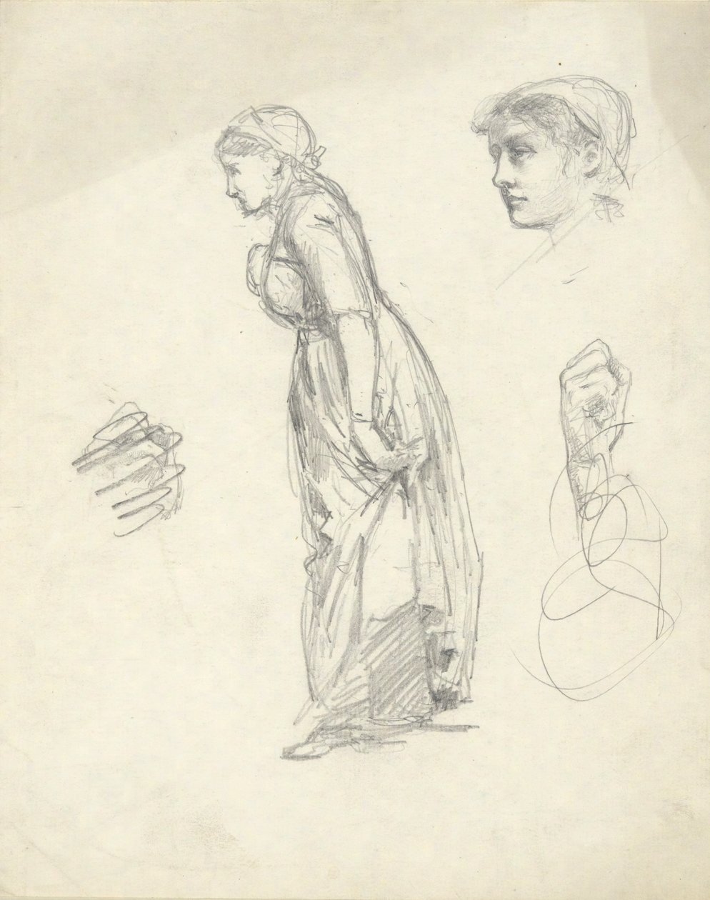 Blatt mit Studien: Frau, Kopf und Hände von Edwin Austin Abbey