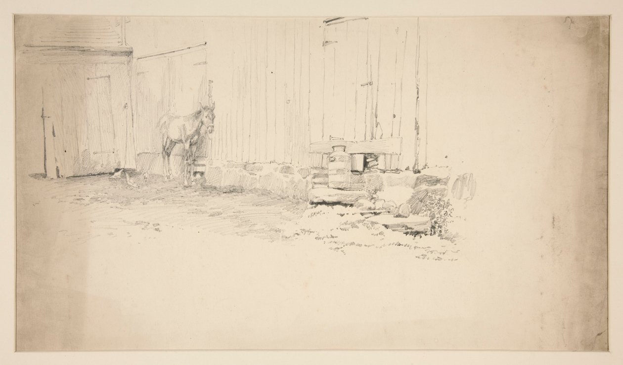 Skizze eines Bauernhofs mit Pferd von Edwin Austin Abbey