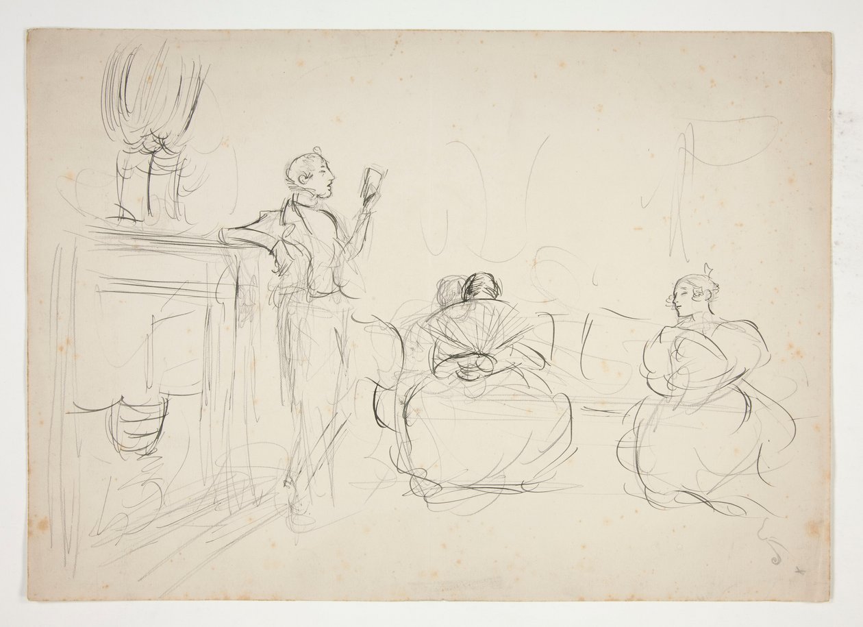 Skizze eines Innenraums: Mann liest laut vor, Frauen stricken - nicht identifizierte Illustration von Edwin Austin Abbey