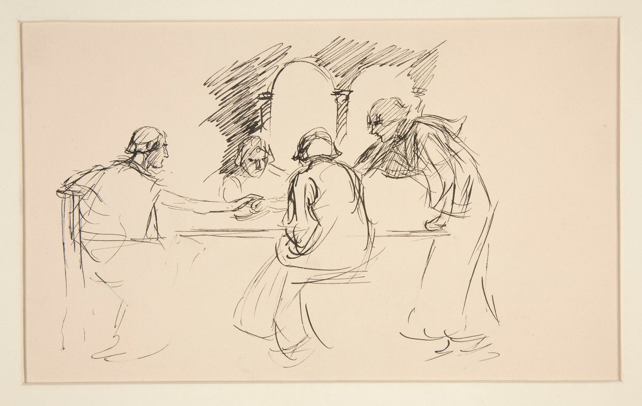 Skizze von vier Männern in mittelalterlicher Kleidung an einem Tisch - nicht identifizierte Illustration, möglicherweise für von Edwin Austin Abbey