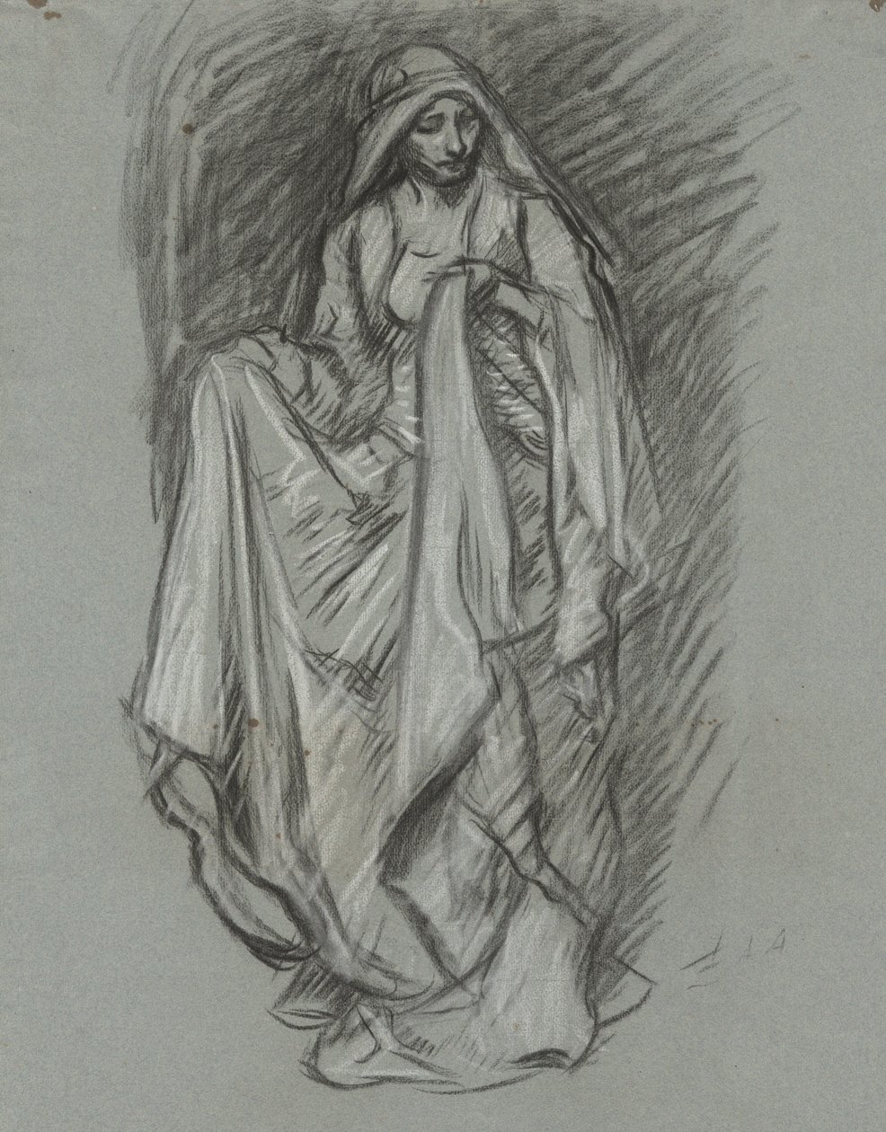 Studie für drapierte weibliche Figur, Figurenstudie für Die Suche nach dem Heiligen Gral (Serie von 15 Gemälden für die Boston Public Library, abgeschlossen 1901) von Edwin Austin Abbey
