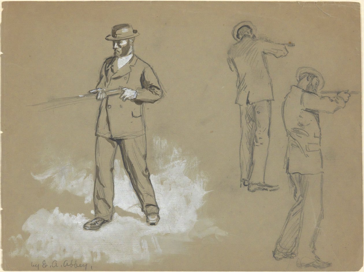 Drei Skizzen eines Mannes mit einer Waffe (recto); Figurenstudien und Porträt von A. S. Wina (?) (verso) von Edwin Austin Abbey