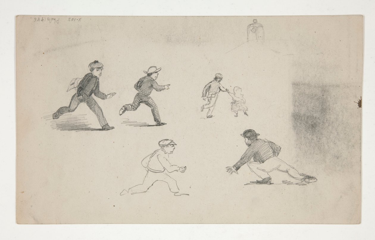 Drei Studien (Männer mit Pferden, Kopfstudie) (recto); Sechs Studien von laufenden Figuren, Studie eines Glockenturms (verso) von Edwin Austin Abbey
