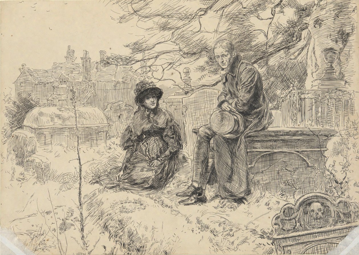 Zwei Figuren auf einem Kirchhof von Edwin Austin Abbey