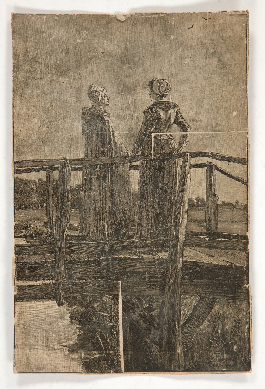 Unbetitelter Holzschnitt von E.A. Abbey (?) von zwei Damen auf einer Holzbrücke - Illustration für William Black von Edwin Austin Abbey