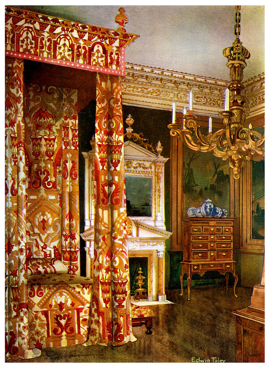 Bett von Königin Anne, Kommode auf einem Ständer und ein hölzerner Kandelaber, 1910 von Edwin Foley