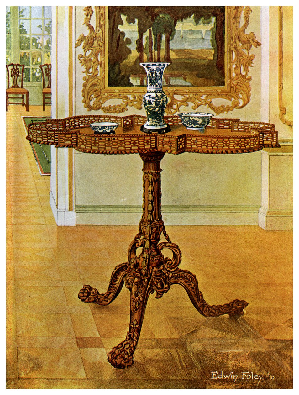 Tisch mit geformtem Ziergitterrand, Chippendale-Schule, 1911-1912 von Edwin Foley