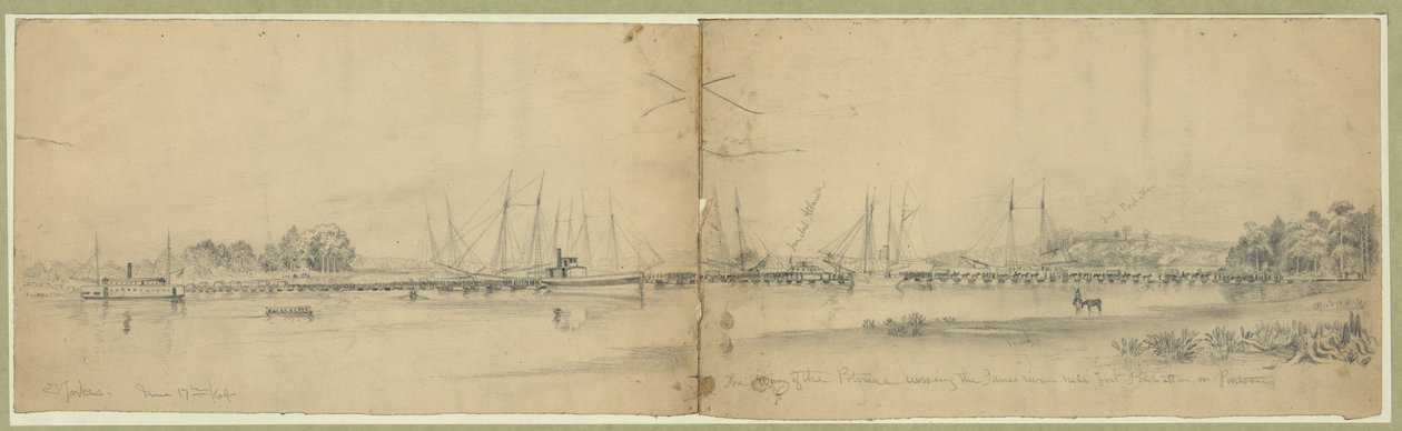 Die Armee des Potomac überquert den James River in der Nähe von Fort Powhattan auf Pontons von Edwin Forbes