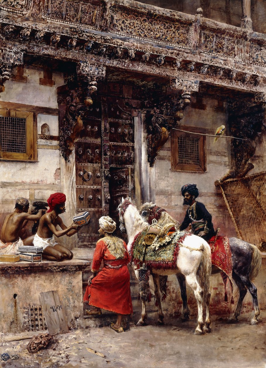 Handwerker verkauft Kisten bei einem Teakholzgebäude, Ahmedabad, ca. 1885 von Edwin Lord Weeks
