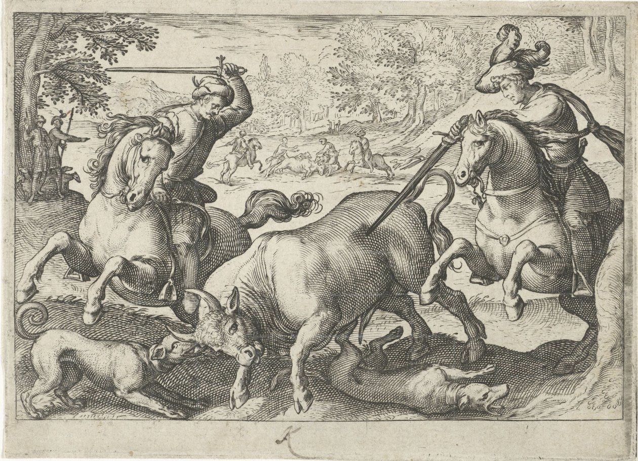 Landschaft mit Stierjagd von Egbert Jansz.
