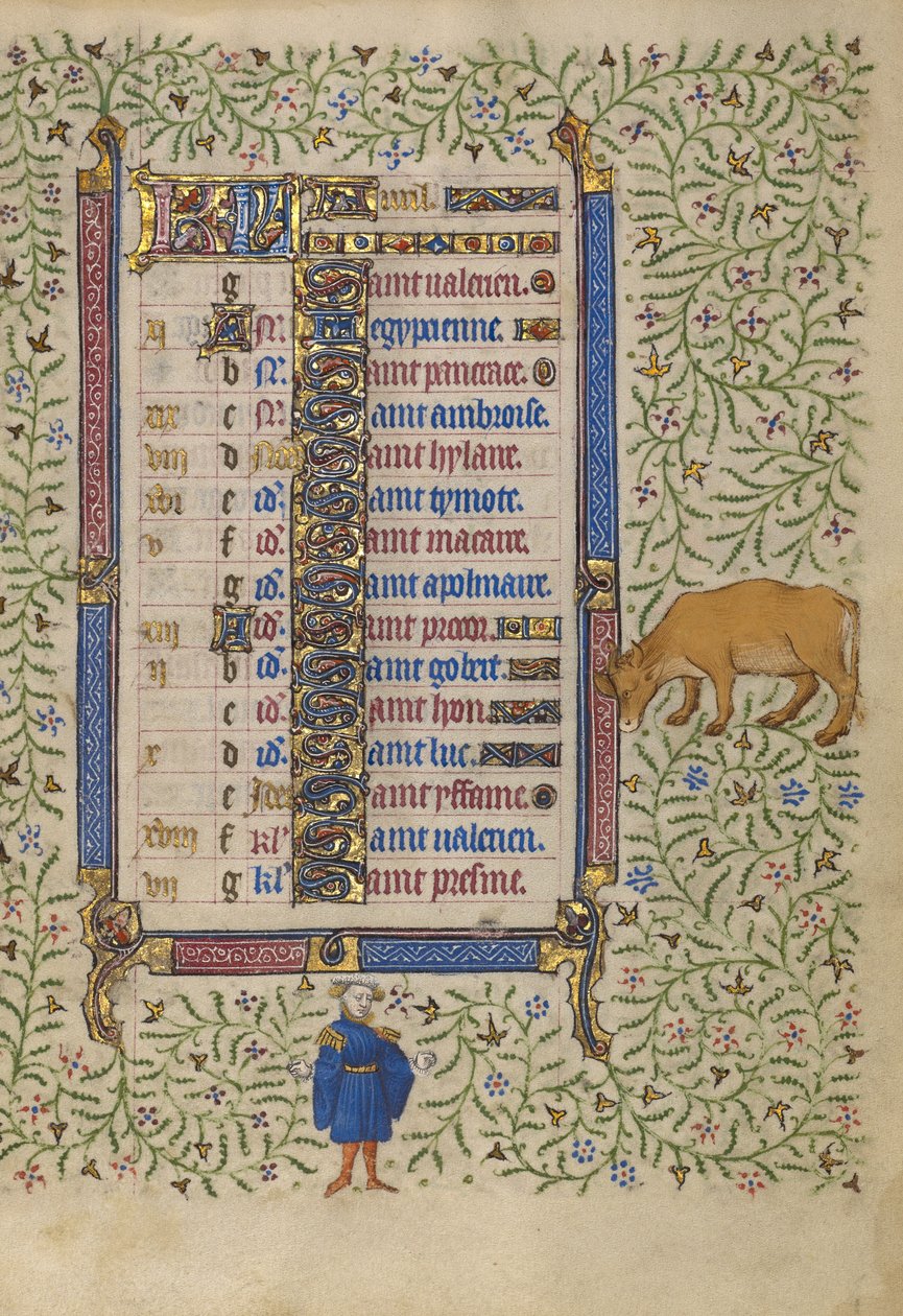 Kalenderseite für April; Blumen pflücken; Stier von Egerton Master