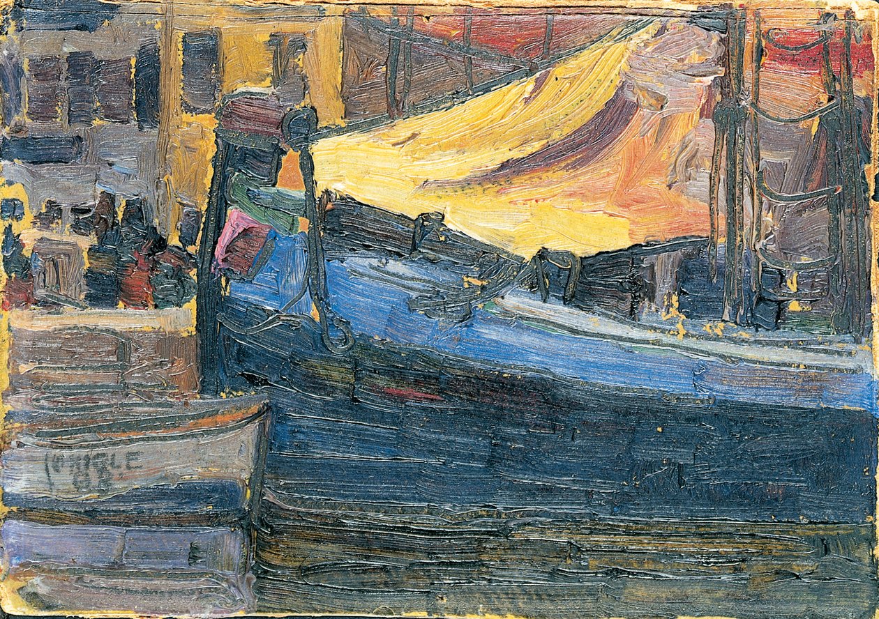 Verankerte Boote mit einer Hauswand im Hintergrund, 1908 von Egon Schiele