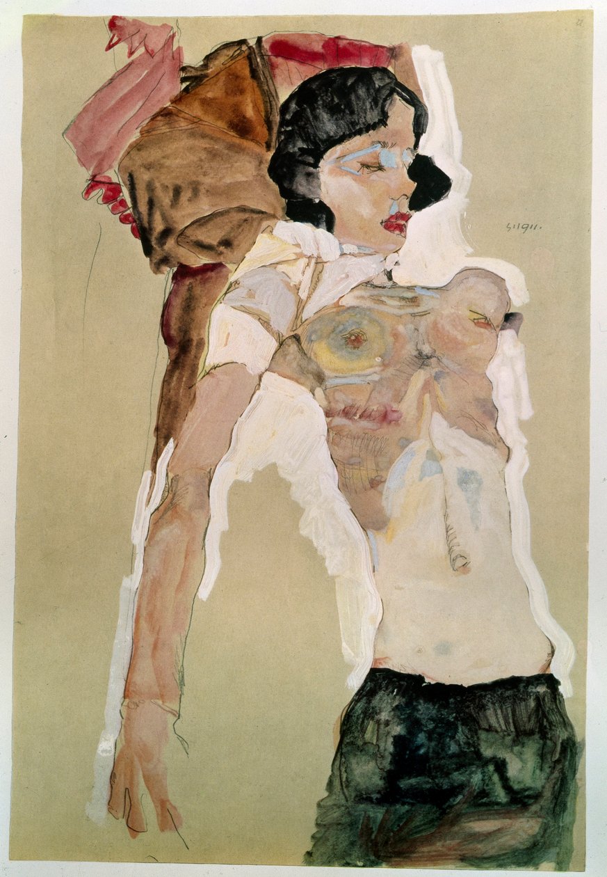 Halbnackte Frau. Zeichnung von Egon Schiele (1890-1918), 1911, Bleistift und Aquarell auf Papier. Dim: 45,9x31,1cm. Wien, Graphische Sammlung Albertina von Egon Schiele