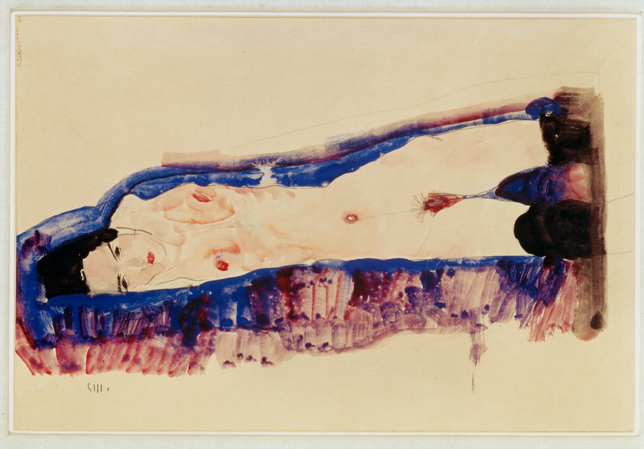 Liegender Akt mit schwarzen Strümpfen von Egon Schiele