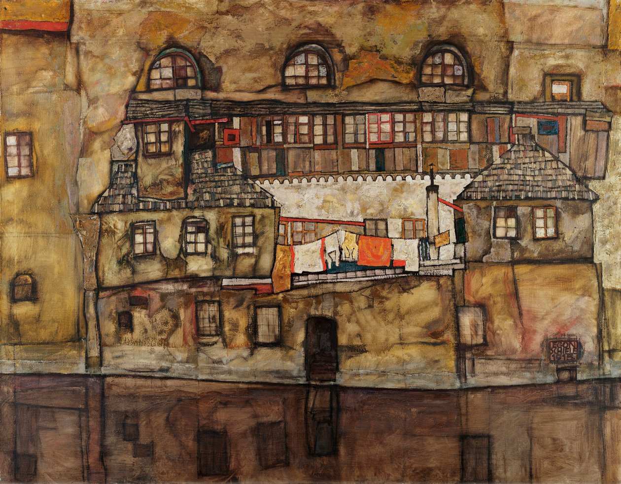 Häuserwand am Fluss von Egon Schiele