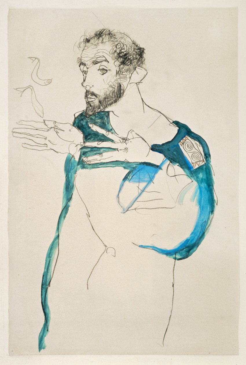 Maler Gustav Klimt in seinem blauen Malerkittel von Egon Schiele